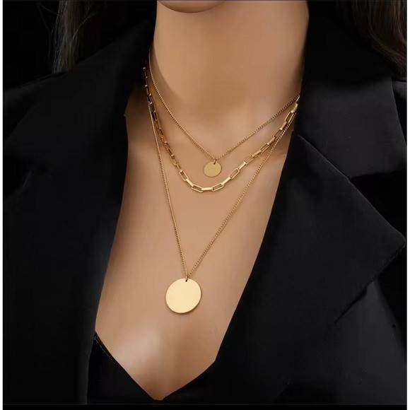 18K Gold Plated Layered Necklace Set Paperclip Chain Coin Disc Pendant Womens