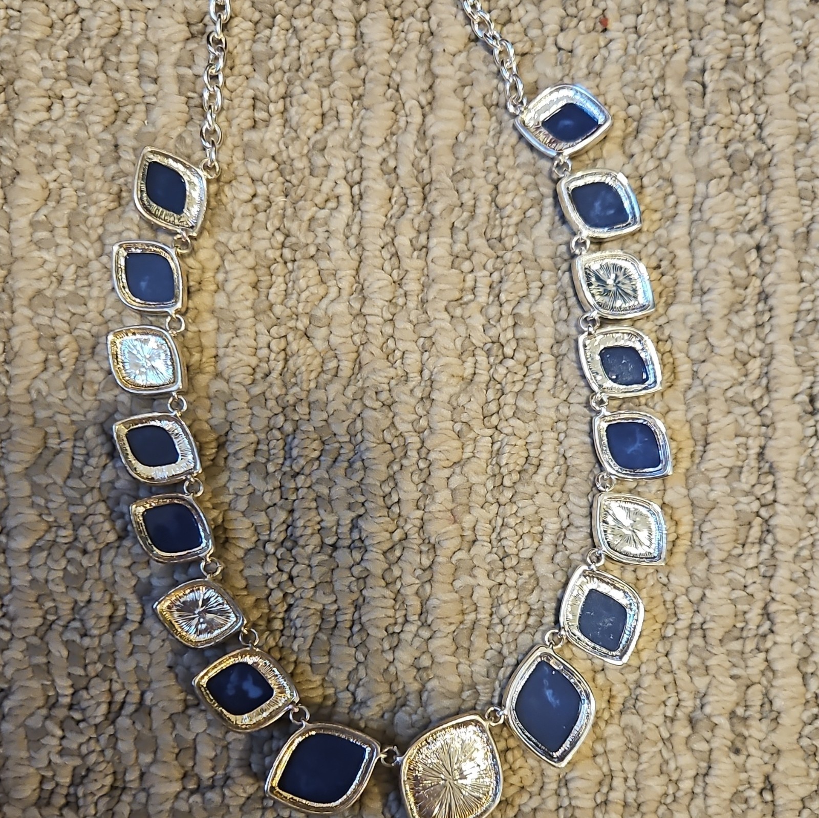 Ann Taylor LOFT Signed Silver Tone Blue Cushion Link Cable Chain Necklace