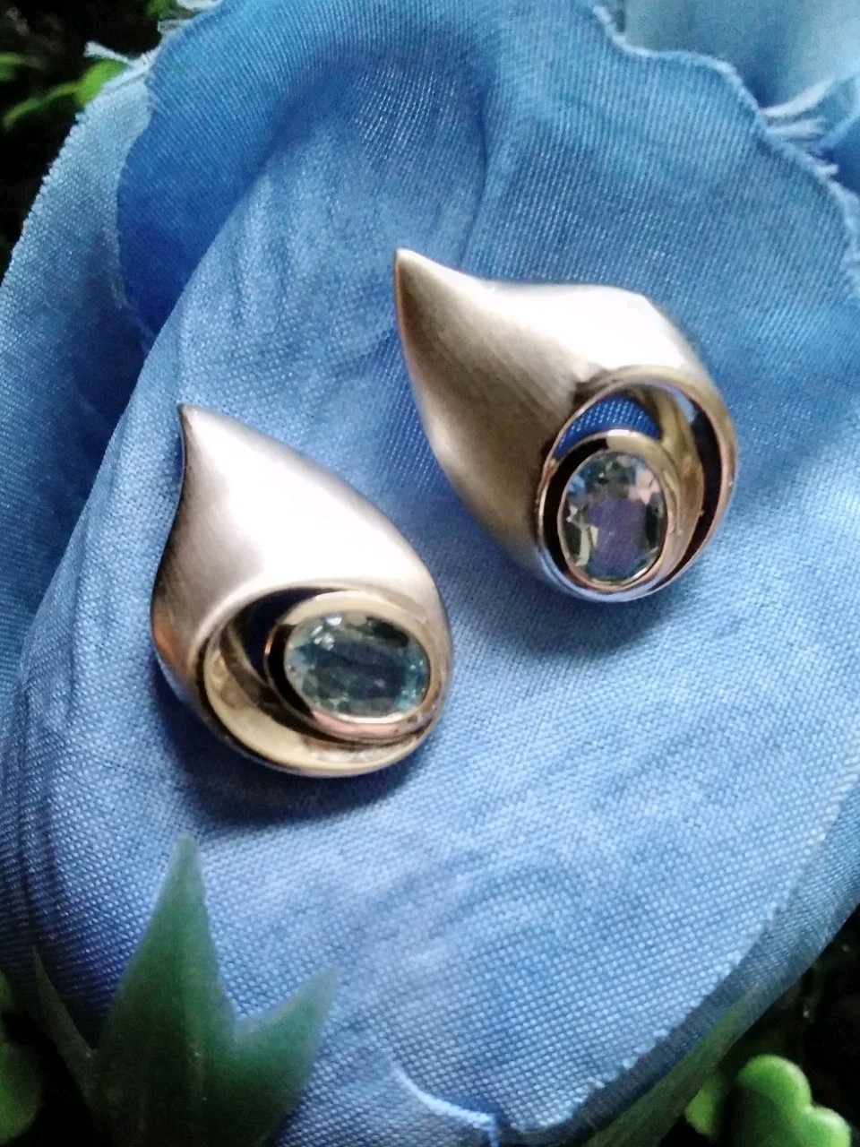 Unique Shape Blue Topaz Post Earrings Set In Satin Finish 925 Sterling Silver