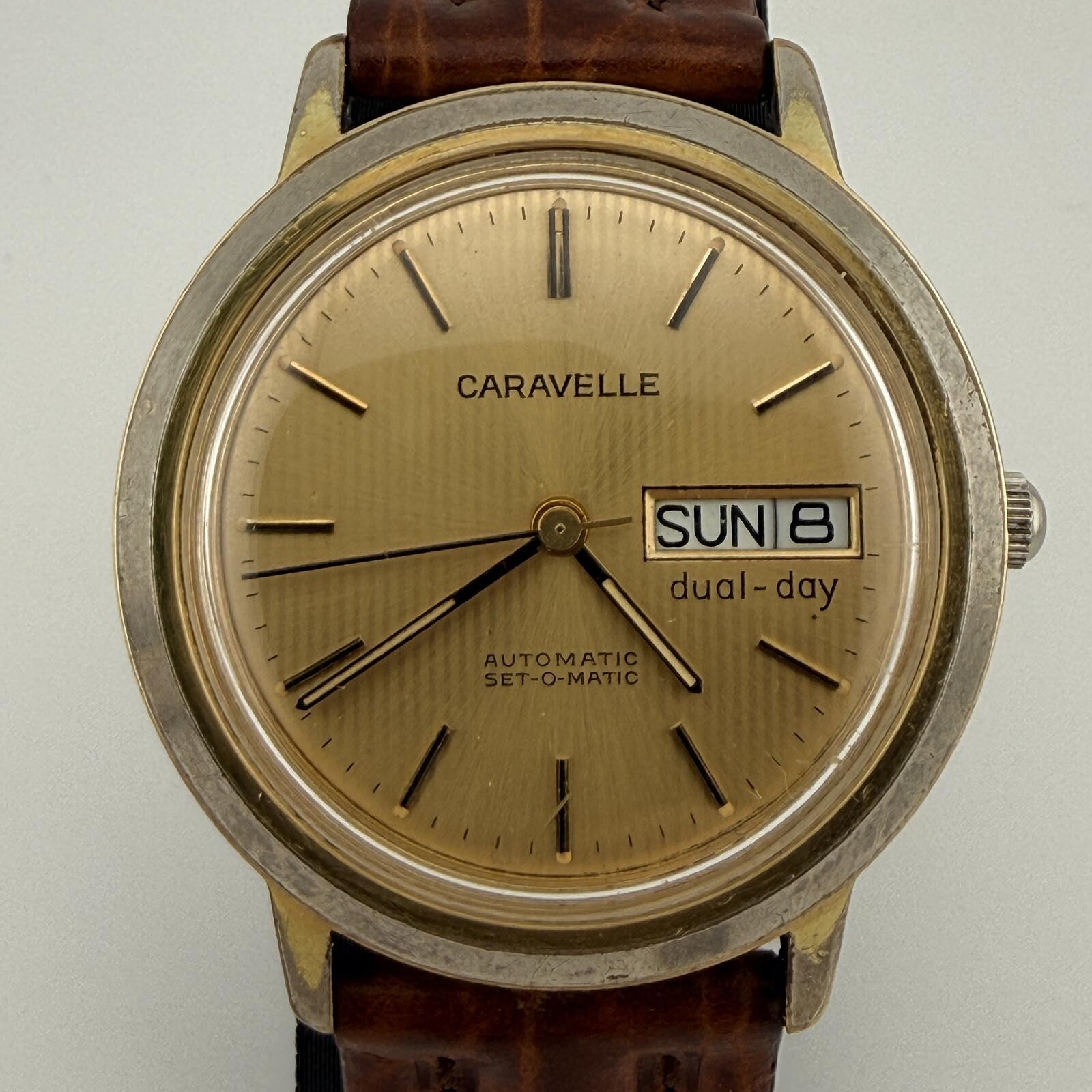 Caravelle Men’s Vintage 1978 ‘Set-O-Matic’ Dual-Day Automatic Day Date Gold Tone