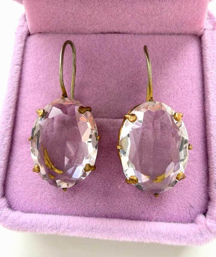 Vintage USSR Rock Crystal Earrings, Gold Plated Soviet Earrings, Large Faceted Q