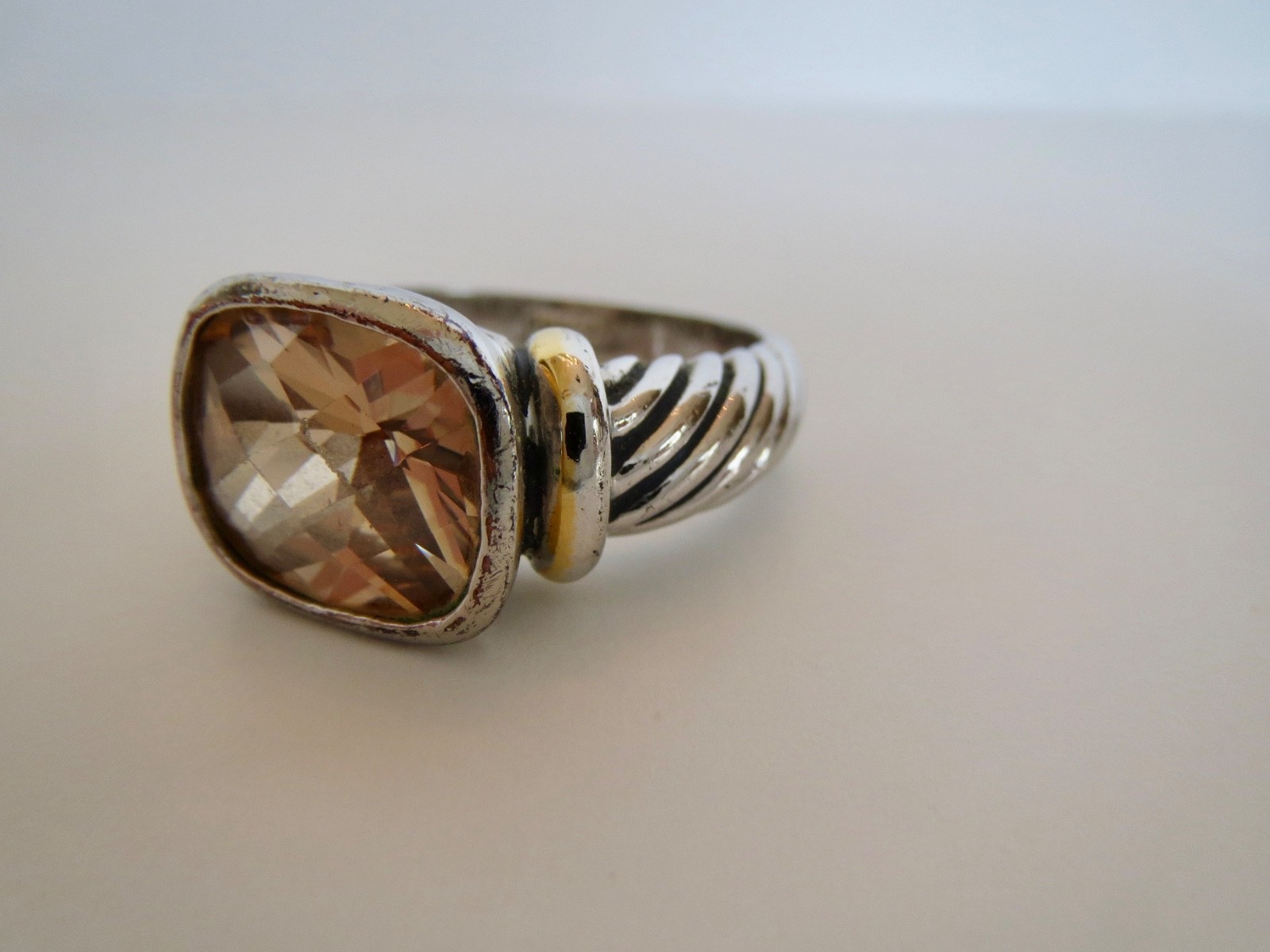 18K HG Electroplate Silver Twisted Cable Faceted Quartz RING Size 8 Two-Tone