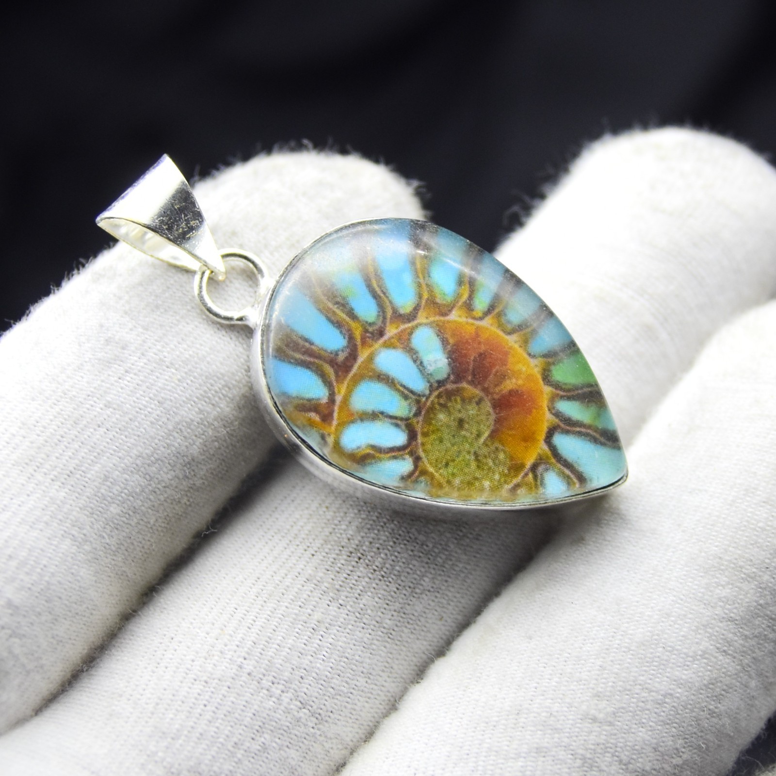 925 Sterling Silver Blue Ammonite Fossil Gemstone Pendant Handmade Jewelry Pear