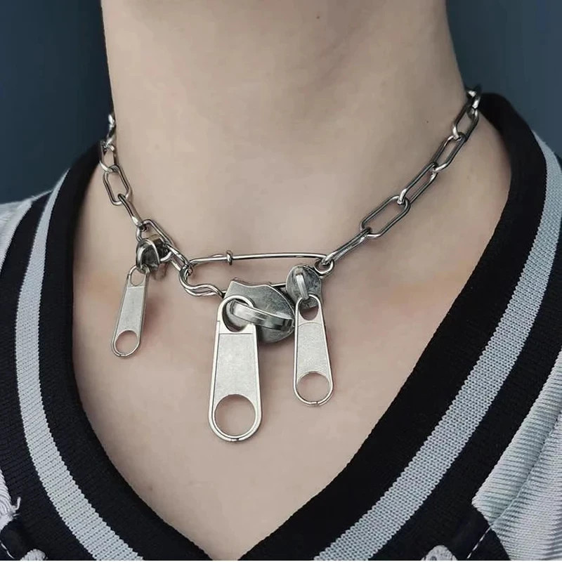 Zipper Chain Necklace Fringe Geometric Punk Style Statement Unisex Jewelry