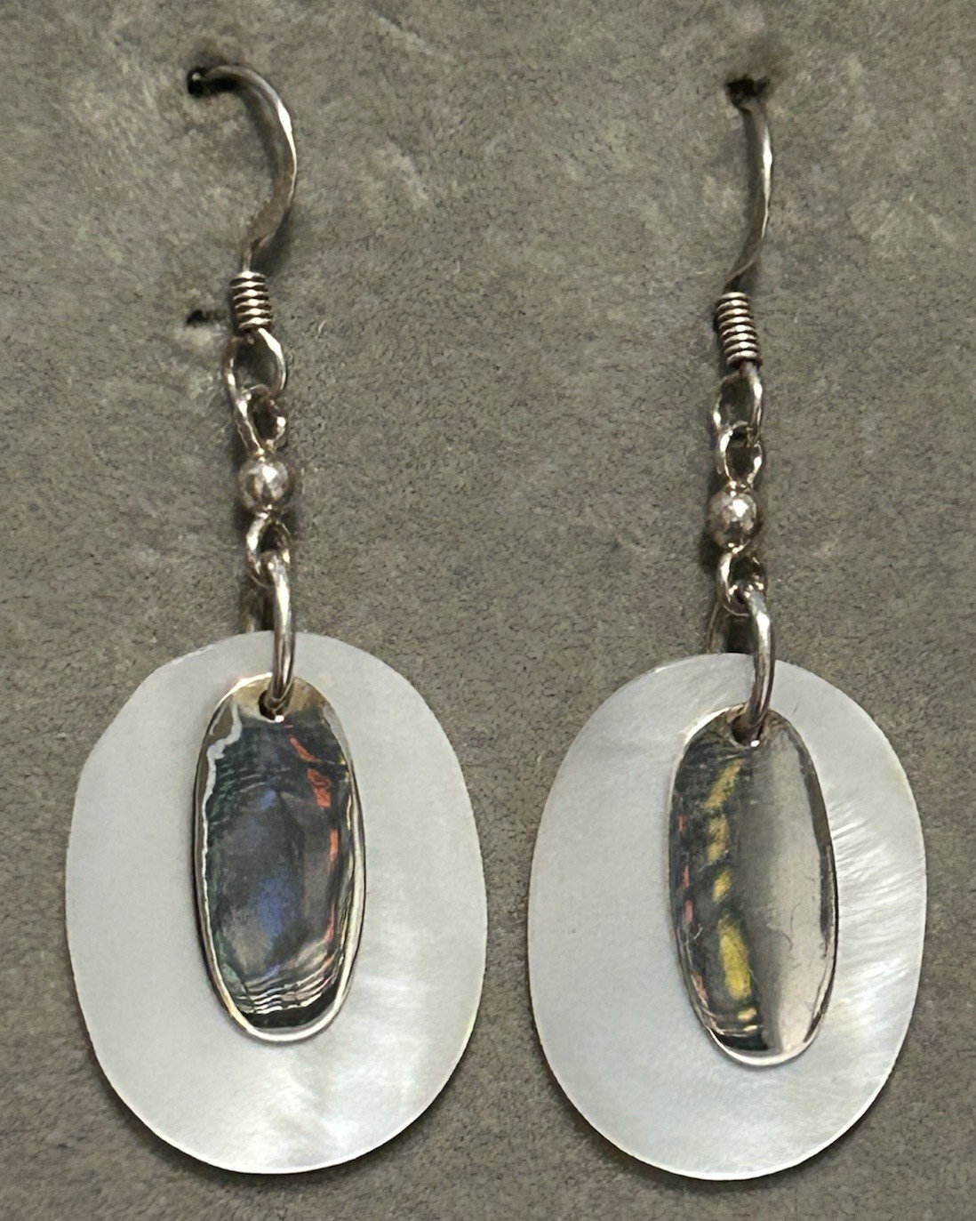Vtg Sterling Silver & Mother Of Pearl Disc 5cm Drop Earrings (4.77g)