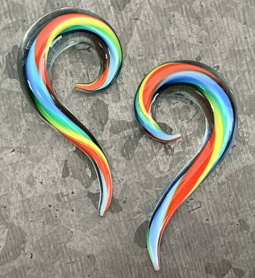 PAIR Rainbow Glass Spiral Hanging Tapers Expanders Plugs Gauges Body Jewelry