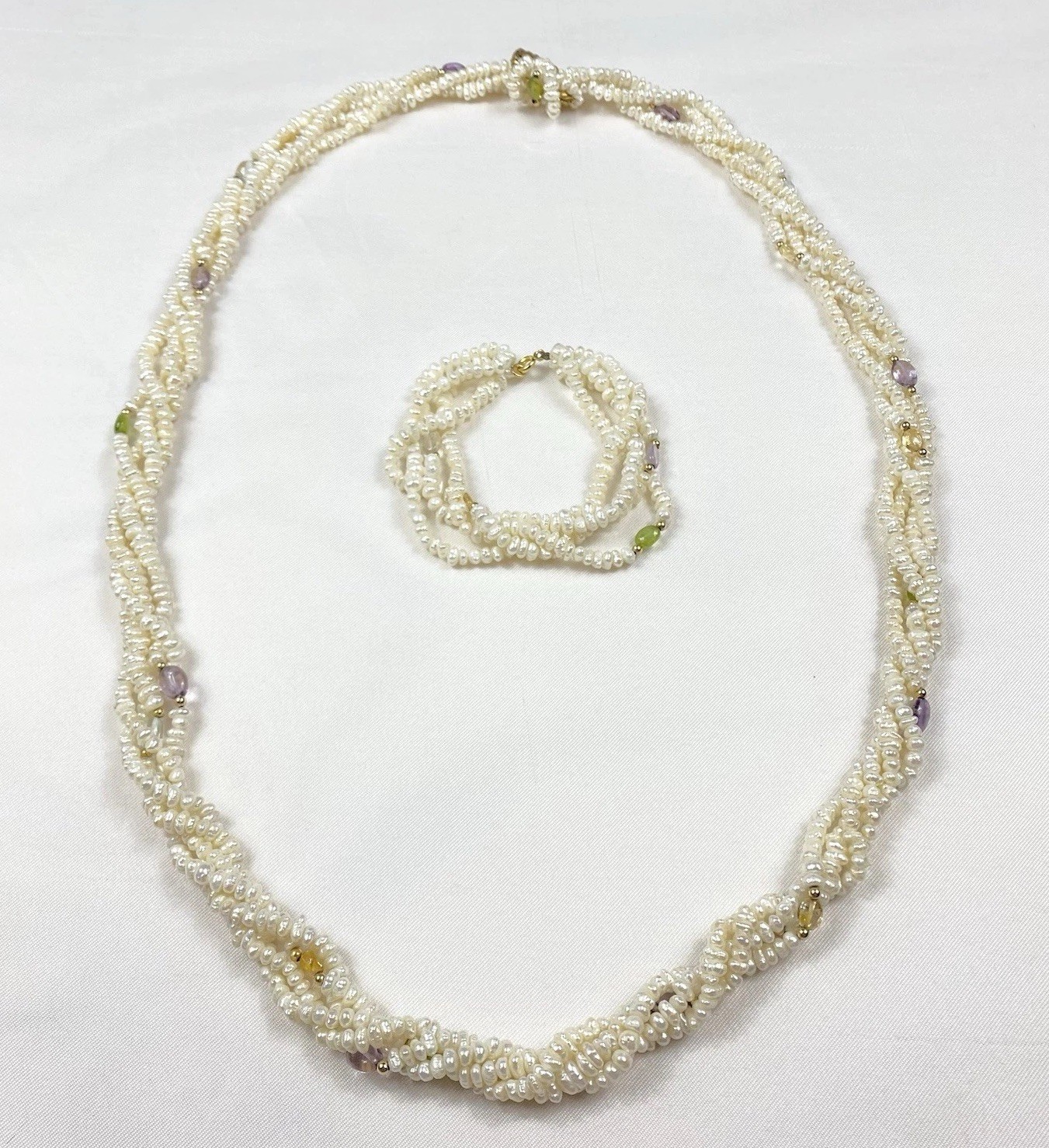 Vintage Pearl & Gemstone 14k Gold 4 Strand Necklace And Bracelet 2PIECE Set READ