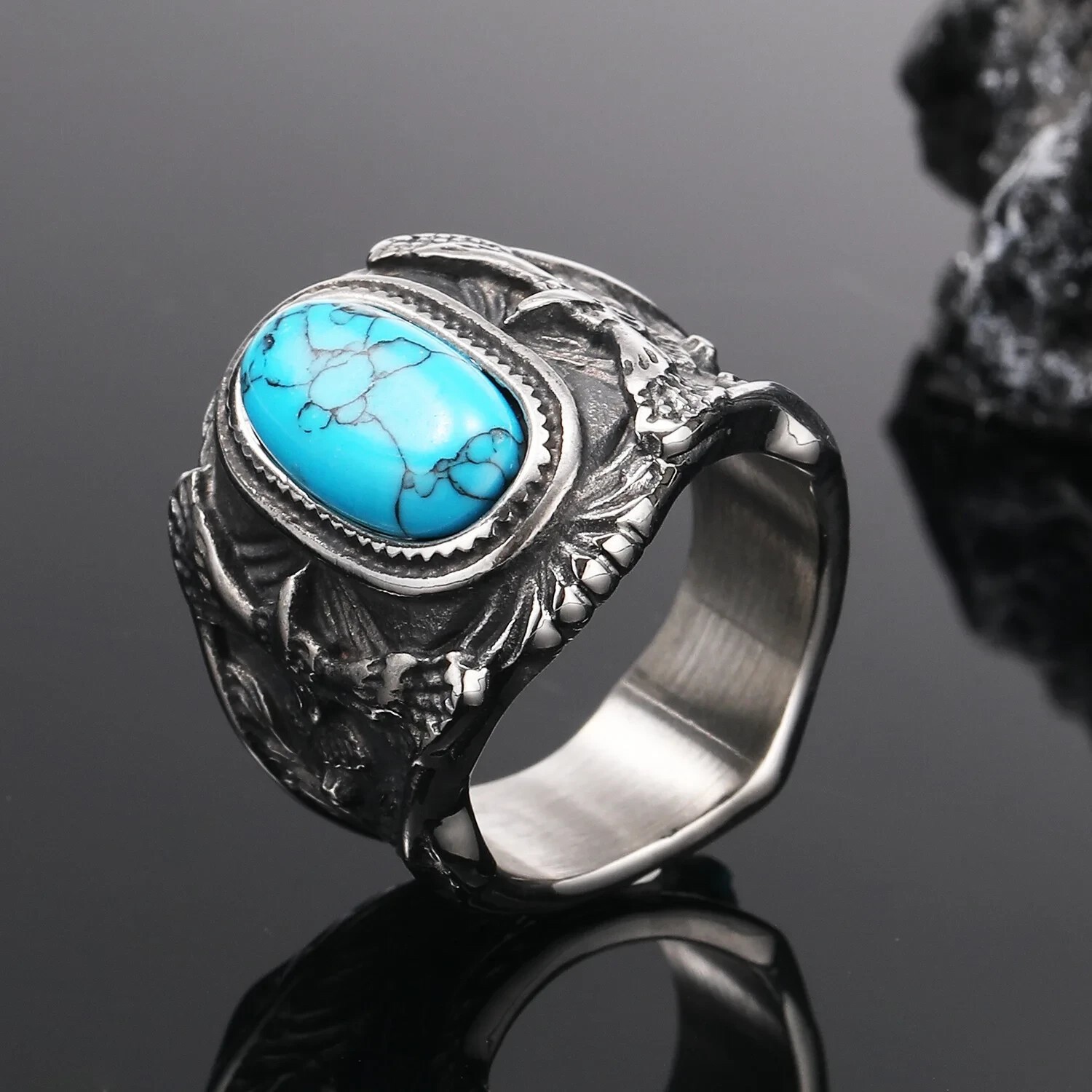 Mens Large Biker Eagle Turquoise Stone Ring Men Stainless Steel Size 7-15