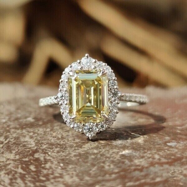 2CT Emerald Cut Simulated Yellow Citrine Engagement Ring 14K White Gold Plated