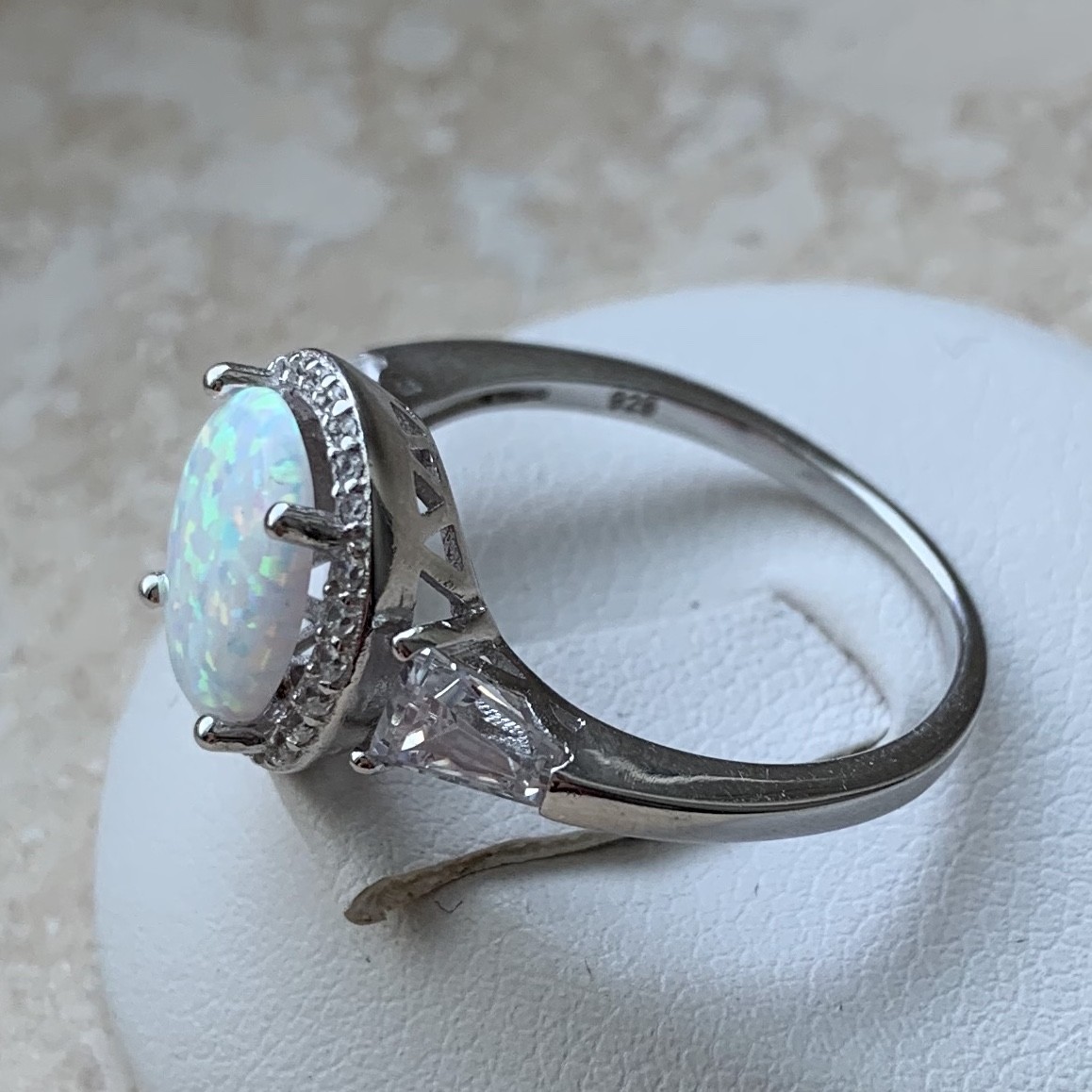 Sterling Silver Oval White Lab Opal Ring with CZ, Wedding Rings, Engagement Ring