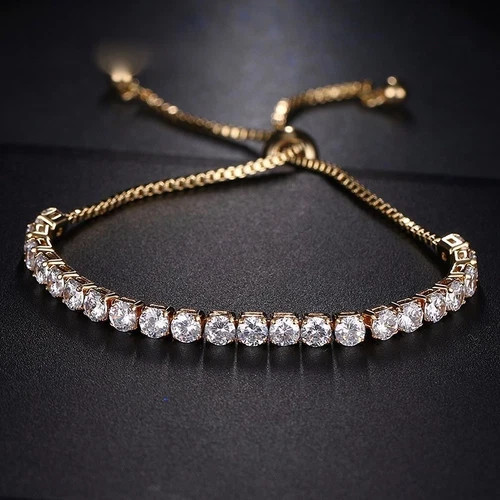 18K Gold Plated Bolo Tennis Bracelet Made Simulated Diamond Round Prong Stone