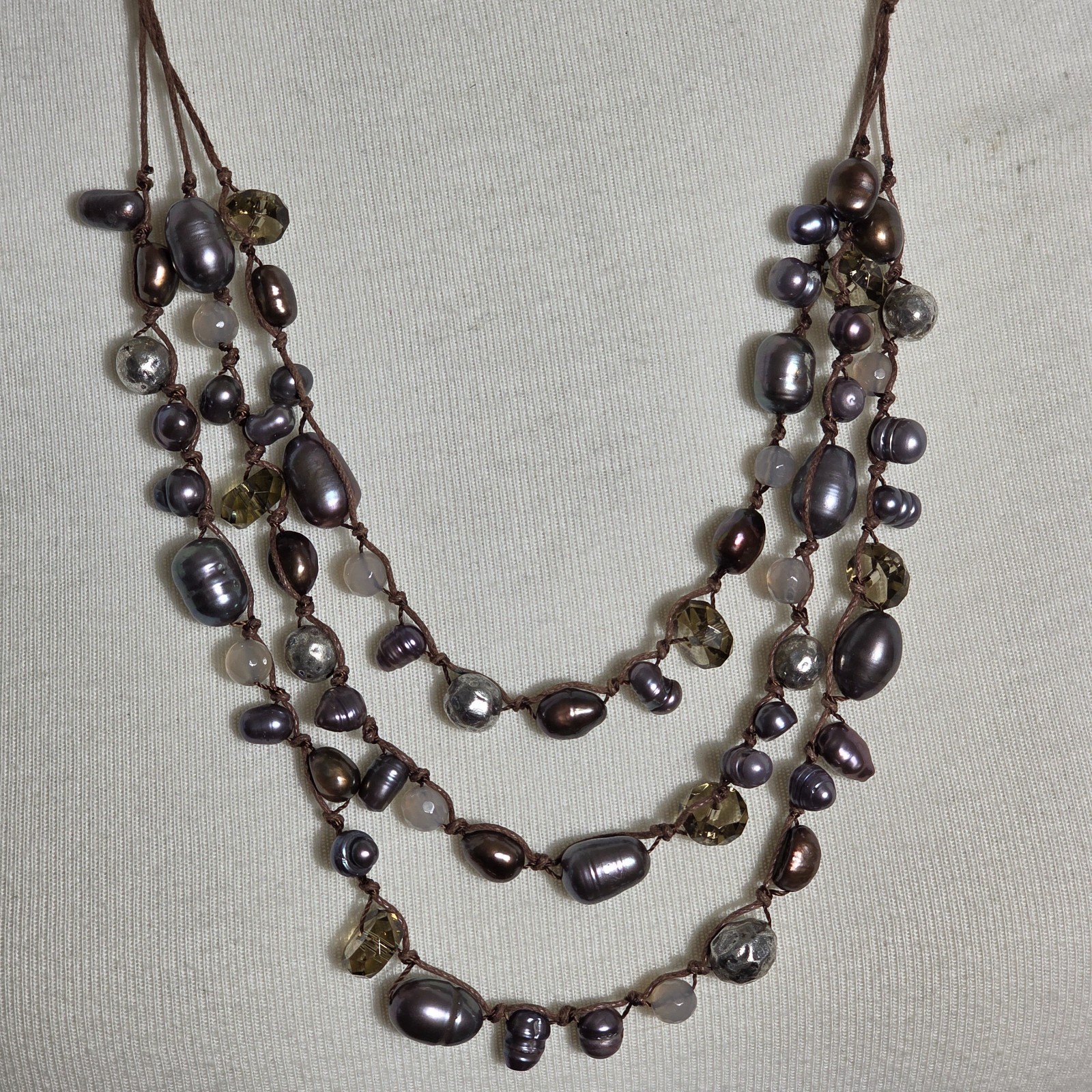 J. Jill Triple Strand Necklace Gray & Bronze Colored Beads on Brown Cord