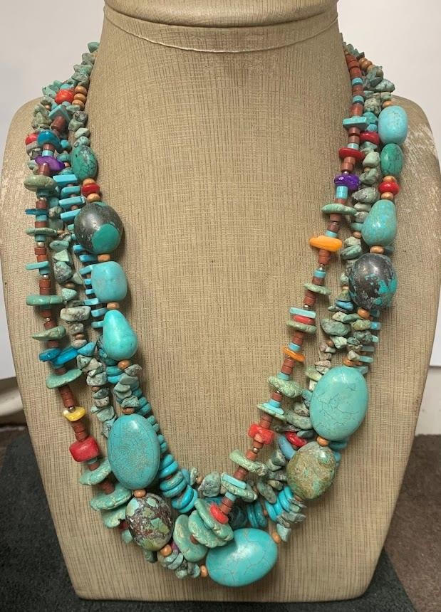 4 old looking turquoise/mix gem nuggets necklace/(t722b-w4)