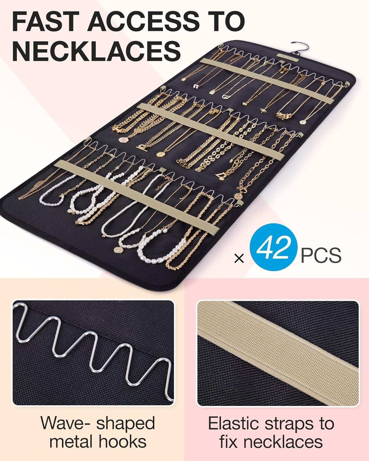 Hanging Jewelry Organizer Storage Roll with Metal Hooks Double-Sided for