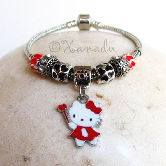 Red Hello Kitty Princess European Charm Bracelet With Black And Red Enamel Beads