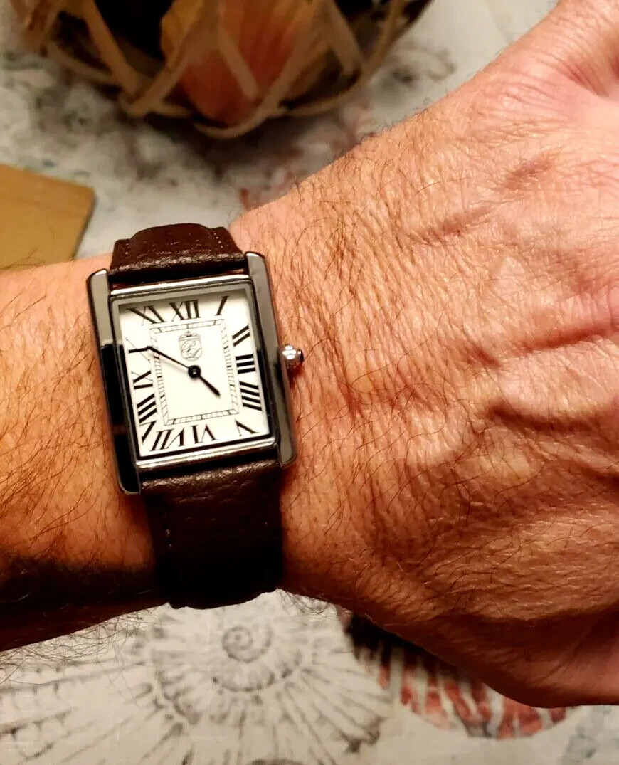 Iconic Swiss Design Pierre Lucerne 1888 Vintage Style Tank Mens Watch Brown Band