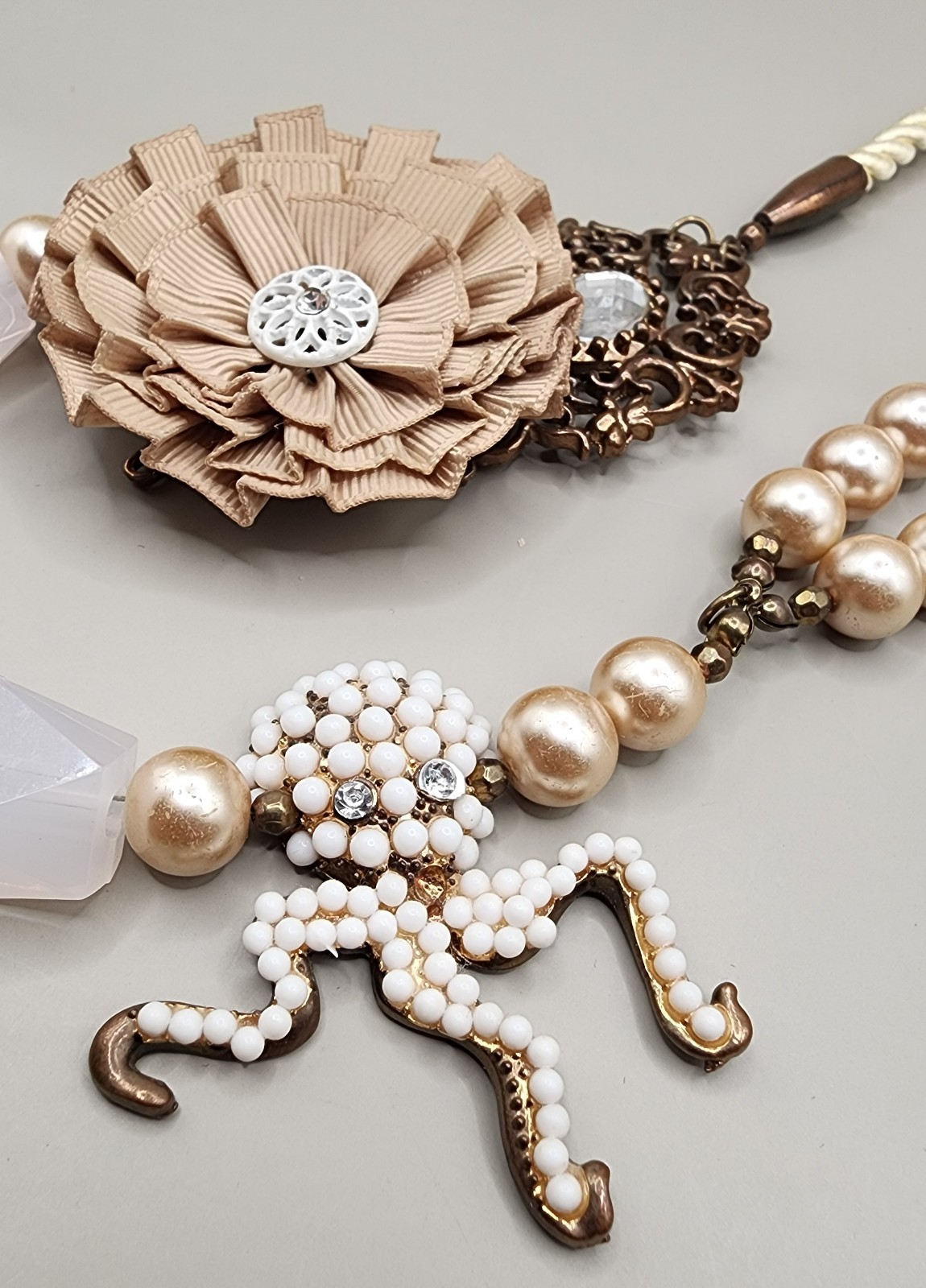 Artisan Upcycled Mixed Media Necklace Chunky Pearl Ribbon Flower Octopus 24 In