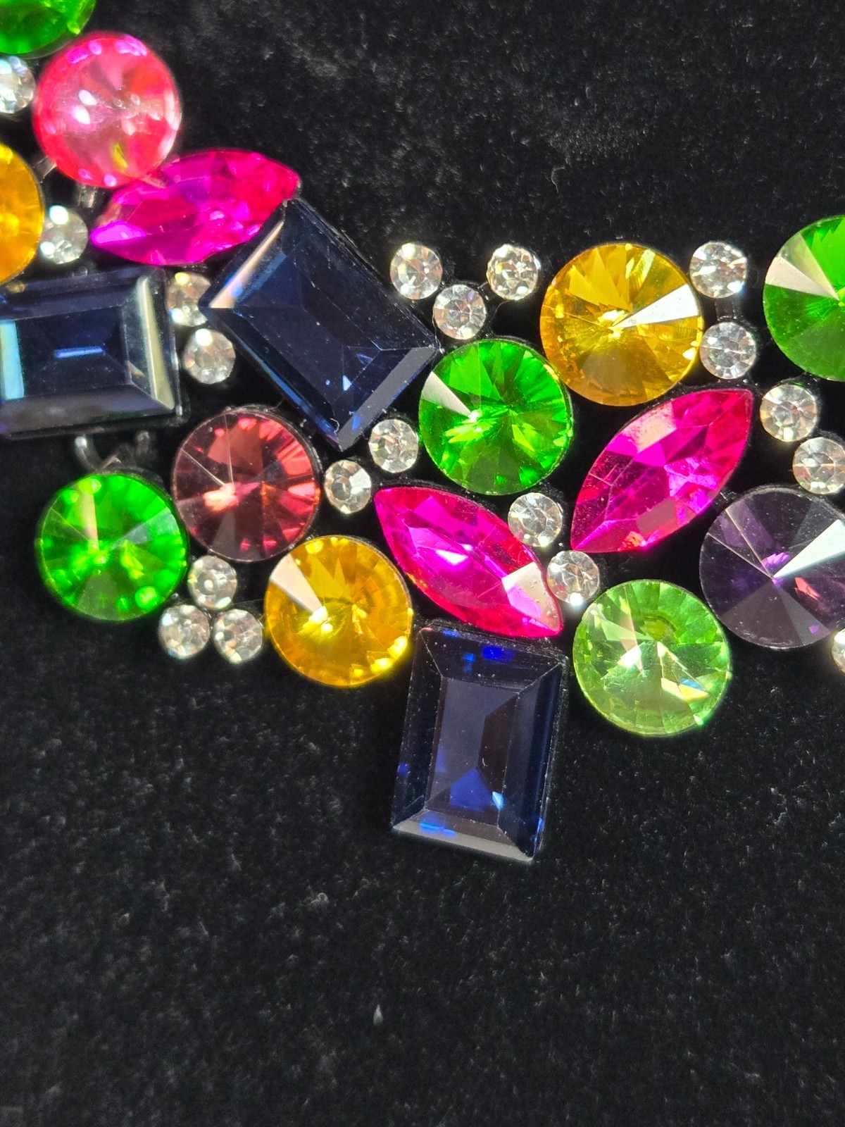 Multicolor Rhinestone Statement Bib Necklace Gunmetal Chain Bold Crystal Cluster