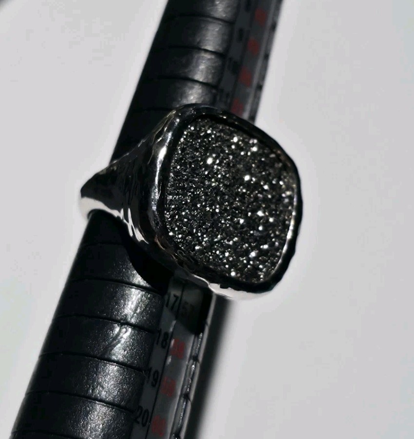 Stunning Sterling Silver 925 Black Druzy Quartz Signet Cocktail Ring Size 7
