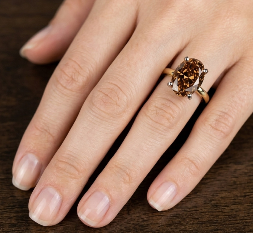RARE 8.00 Ct Certified Oval Shape Natural Brown Diamond Ring Yellow Gold Finish