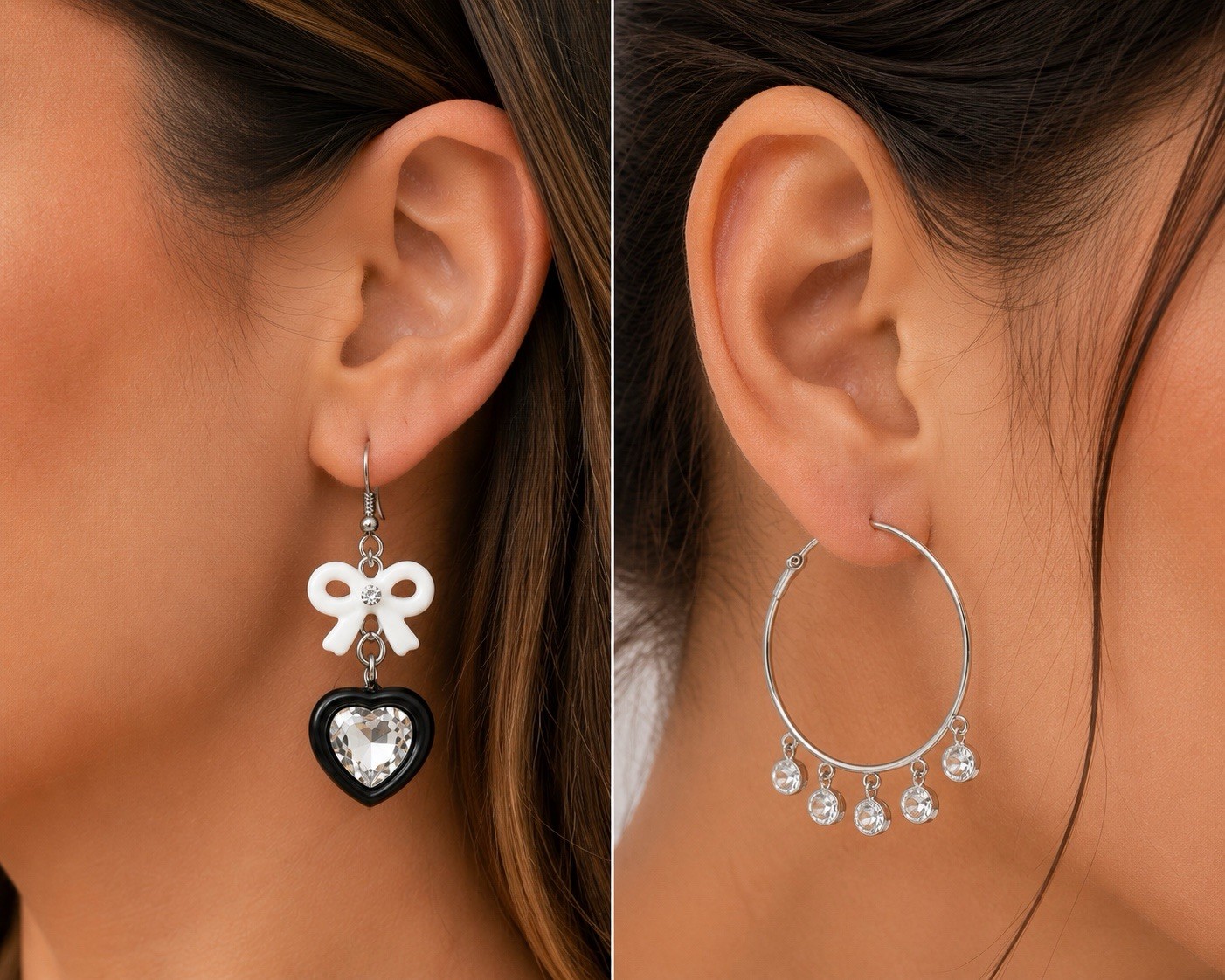 2 Pair Women’s Earrings Set Crystal Heart & Hoop Dangle Gift Box Included