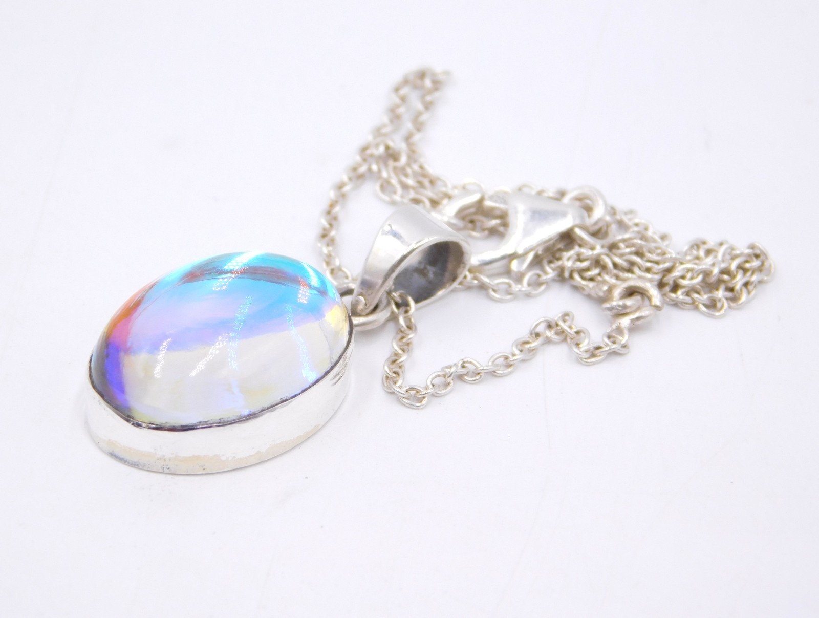 4.48 Gm 925 Sterling Silver Angel Aura Quartz Cab Gemstone Pendant Size 1.2″ in