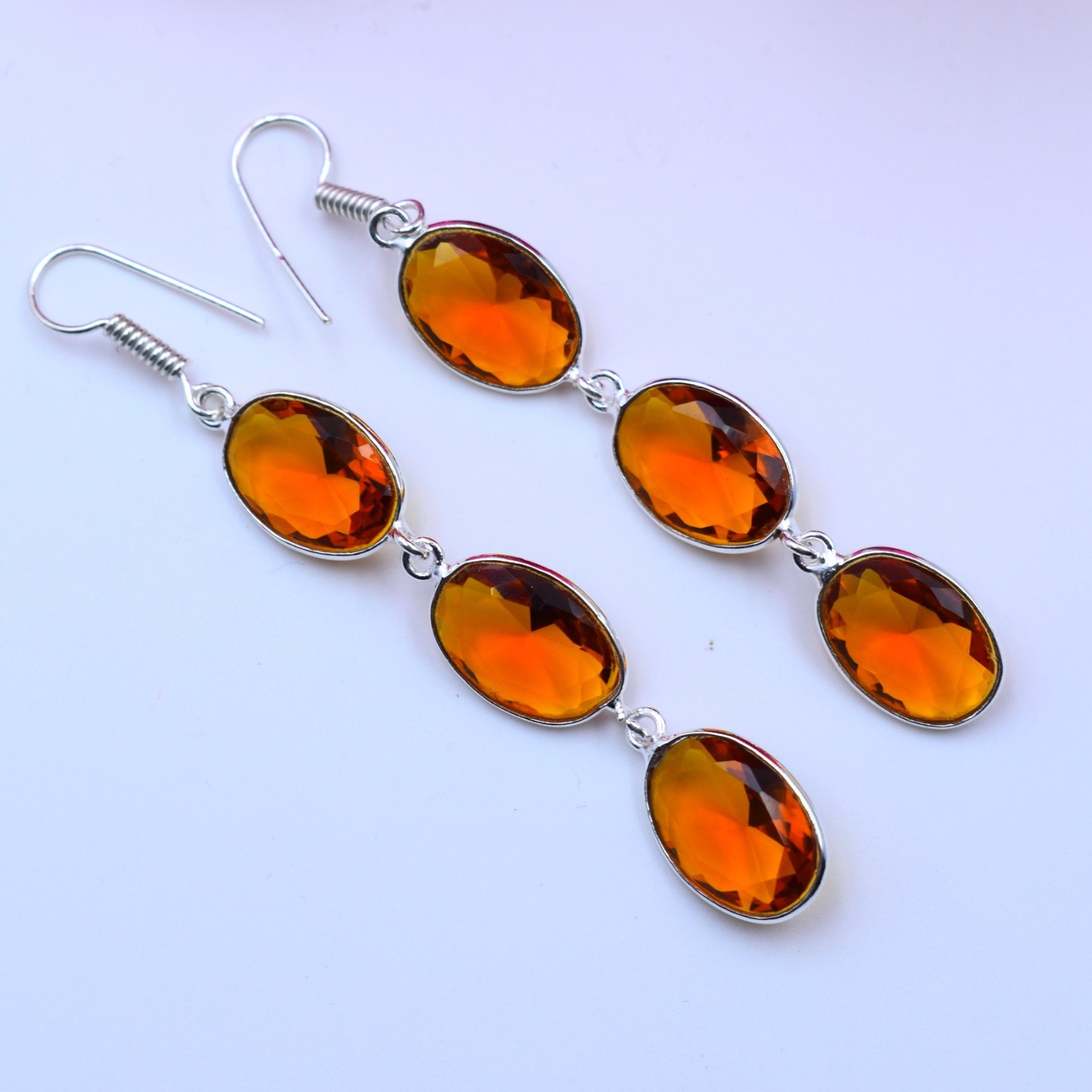 Hessonite Gemstone Handmade 925 Sterling Silver Jewelry Earring Size-2.75″