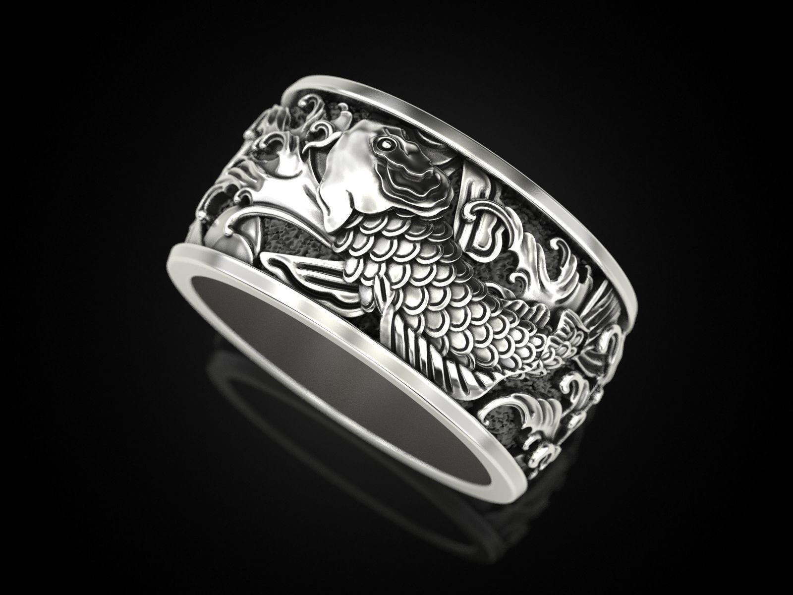 Oxidized Mens Two Japanese Carp & Waves Gothic 925Sterling Silver Statement Ring