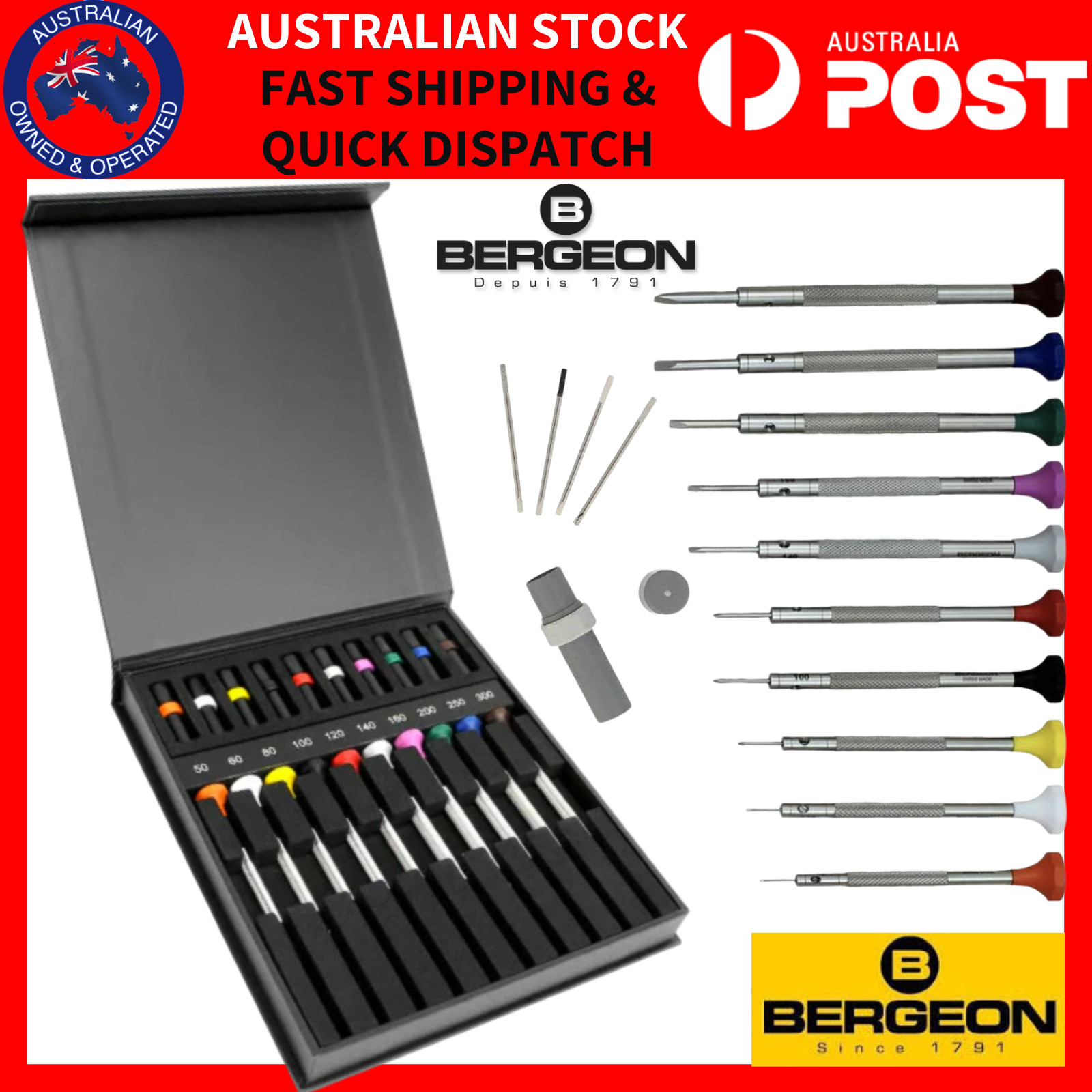 BERGEON 30081-AC10 Watchmakers Ergonomic 10 Piece Swiss Screwdriver Set AU STOCK