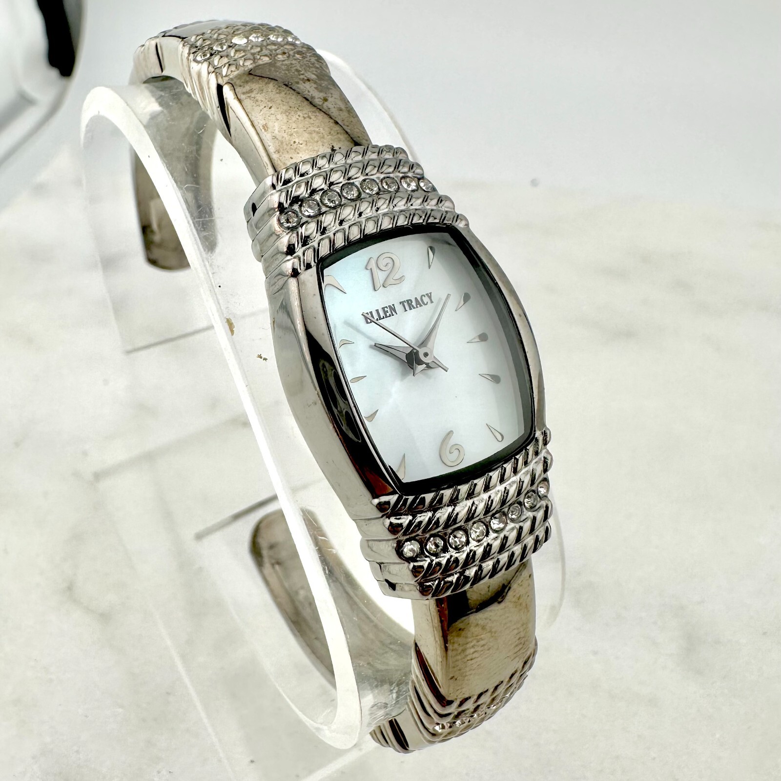 Ellen Tracy Ladies Mother of Pearl Dial Bangle Watch Crystals Bezel, New Battery