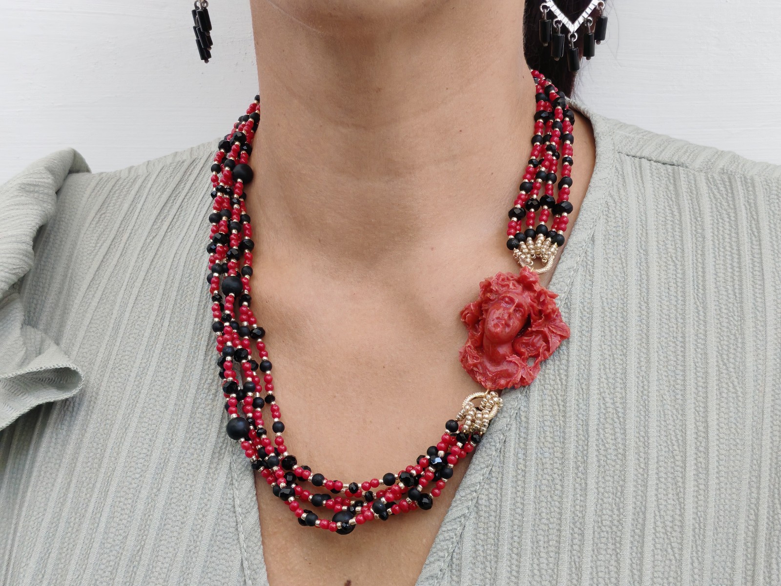 Women Red Coral Cameo Multifilament Elegant Onyx Necklace Made in Italy