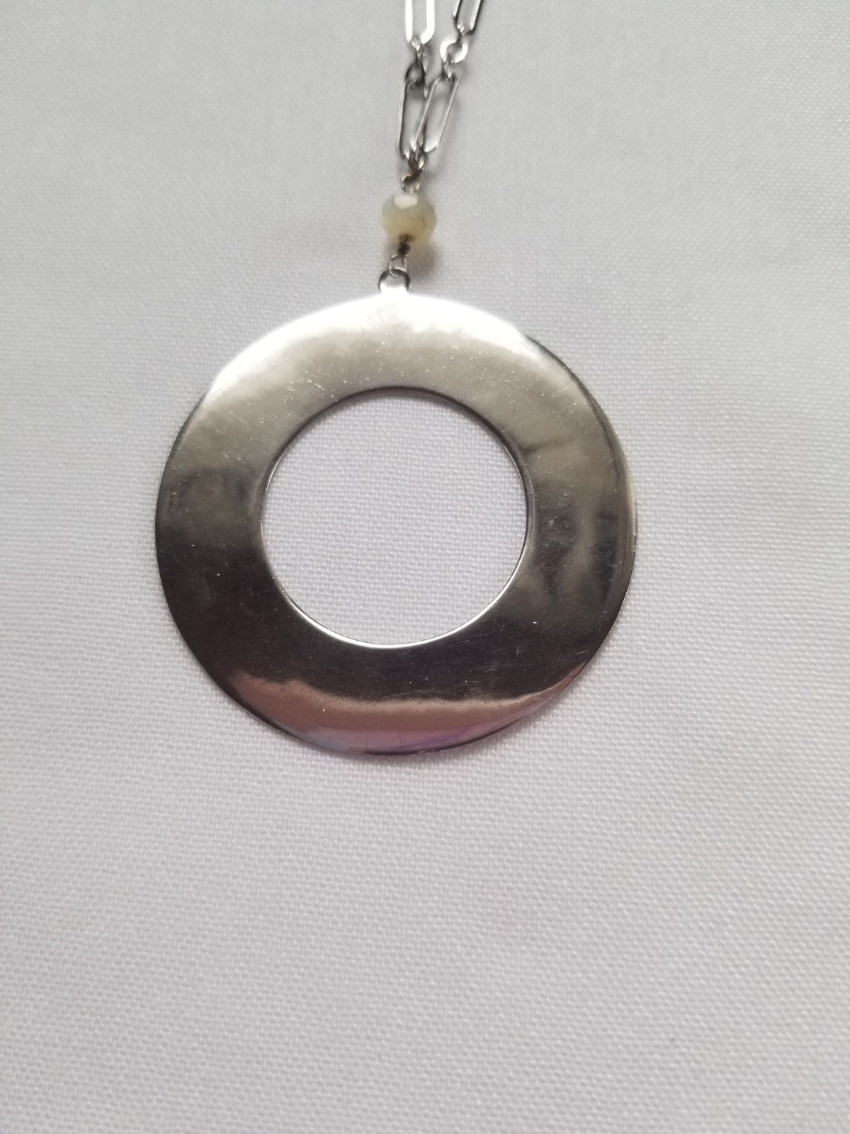 Sterling Silver Circle Pendant Necklace Paper Clip Chain White Quartz Italy 13g