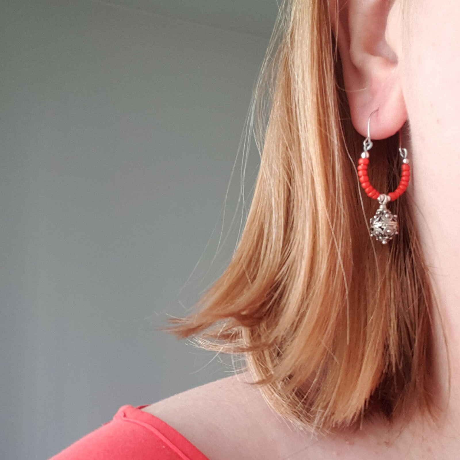 Traditional Croatian Handmade Earrings With Red Pearls & Sibenik Button Pendant