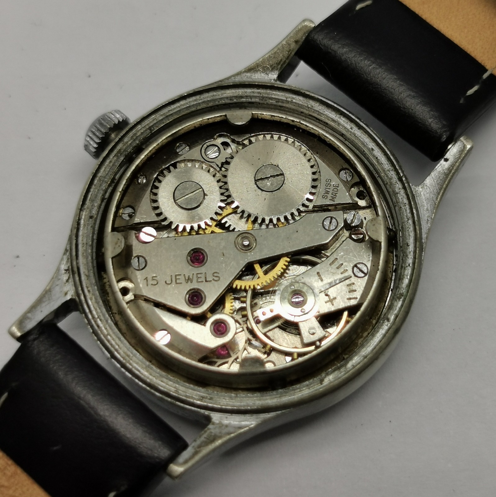 Vtg 1940 Avia Denisteel Case Military Style 15 Jewel 30mm Mechanical Gents Watch