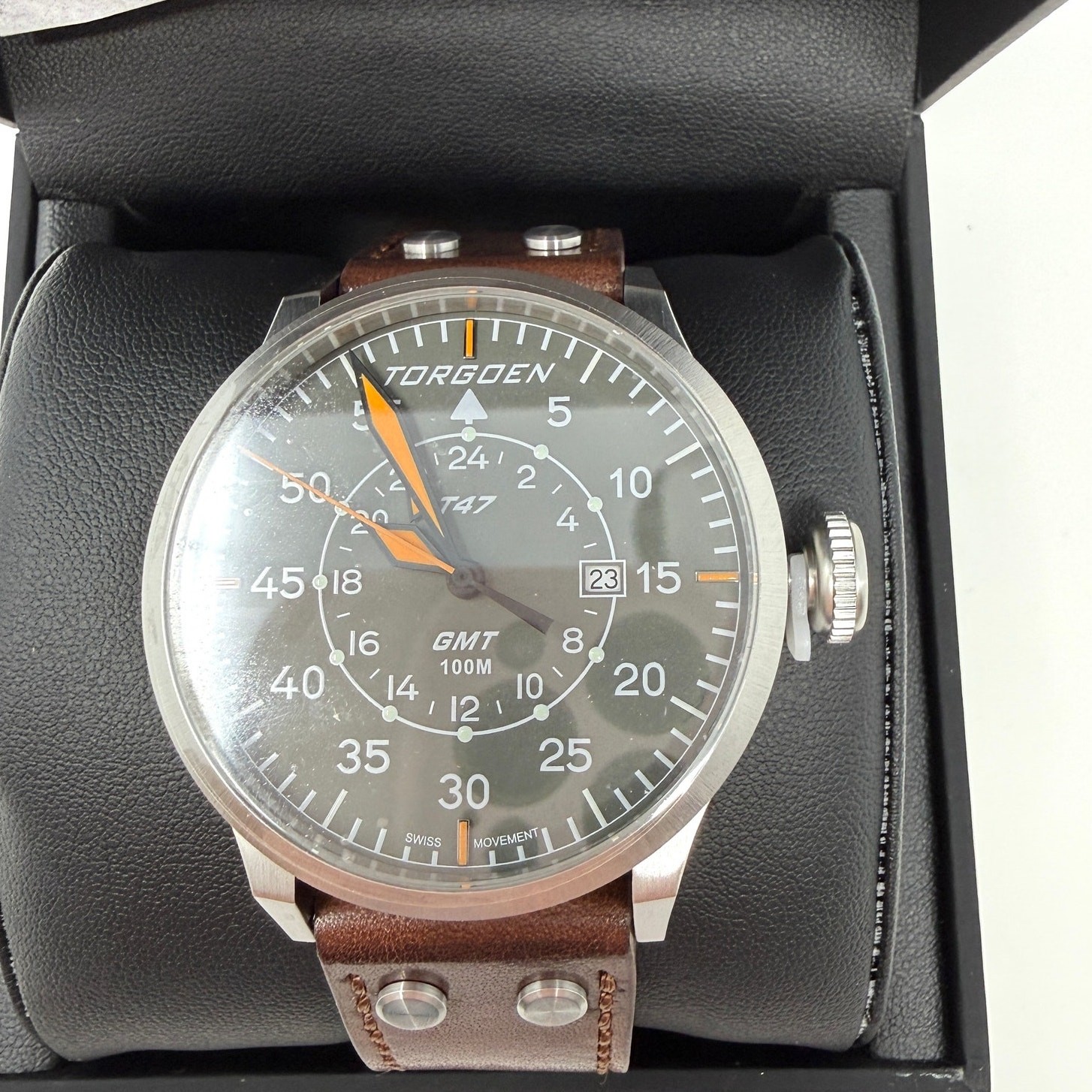 TORGOEN T47 TN-1208U Jumbo Grey Sapphire GMT 47mm Brown Leather Strap New