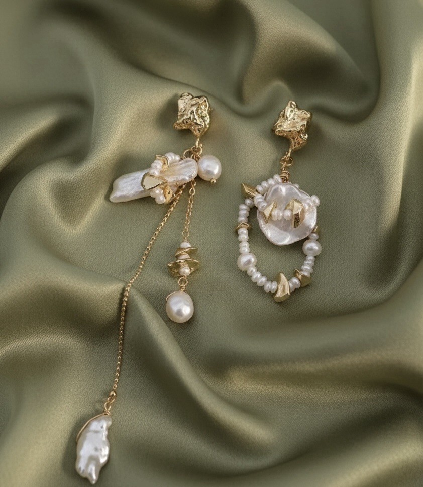 Anthropologie Pearl Hoop Mismatch Molten Earrings Nugget Gold Stud Bead Chain
