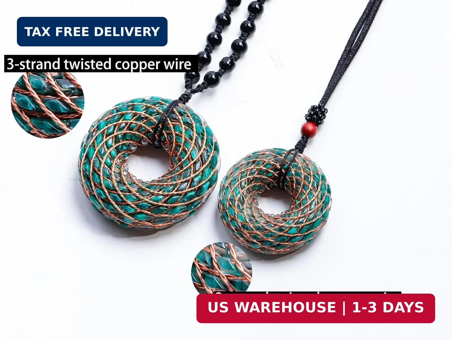 Malachite Orgone Pendant, 4CM Rodin Coil Necklace with 2-Strand Twisted Copper W