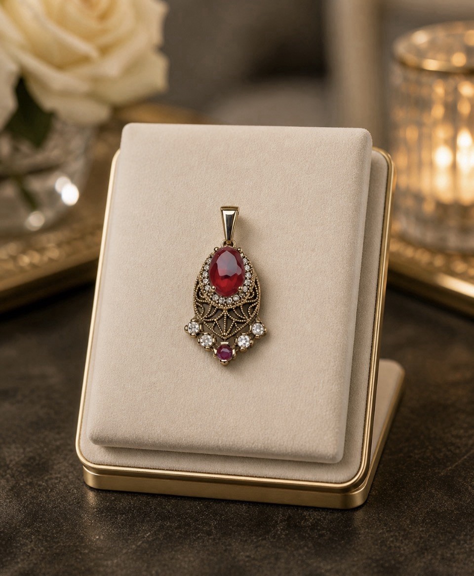 Vintage Turkish Handcrafted Pendant Gold Tone Silver Red Stone Filigree