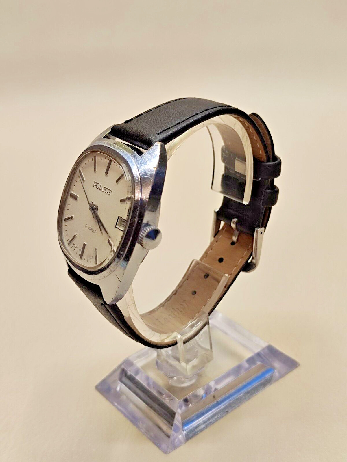 Poljot 2614.2H men’s mechanical wristwatch 17 stones white dial date indicator