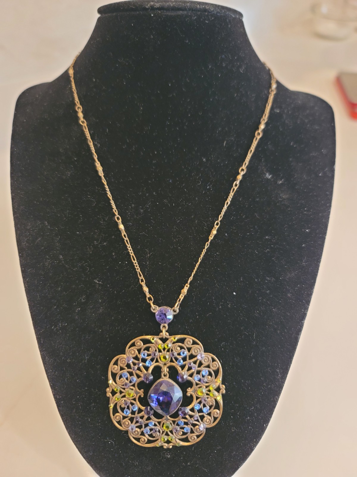Anne Koplik Crystal Filigree Pendant Necklace Purple Blue Green Edwardian Style