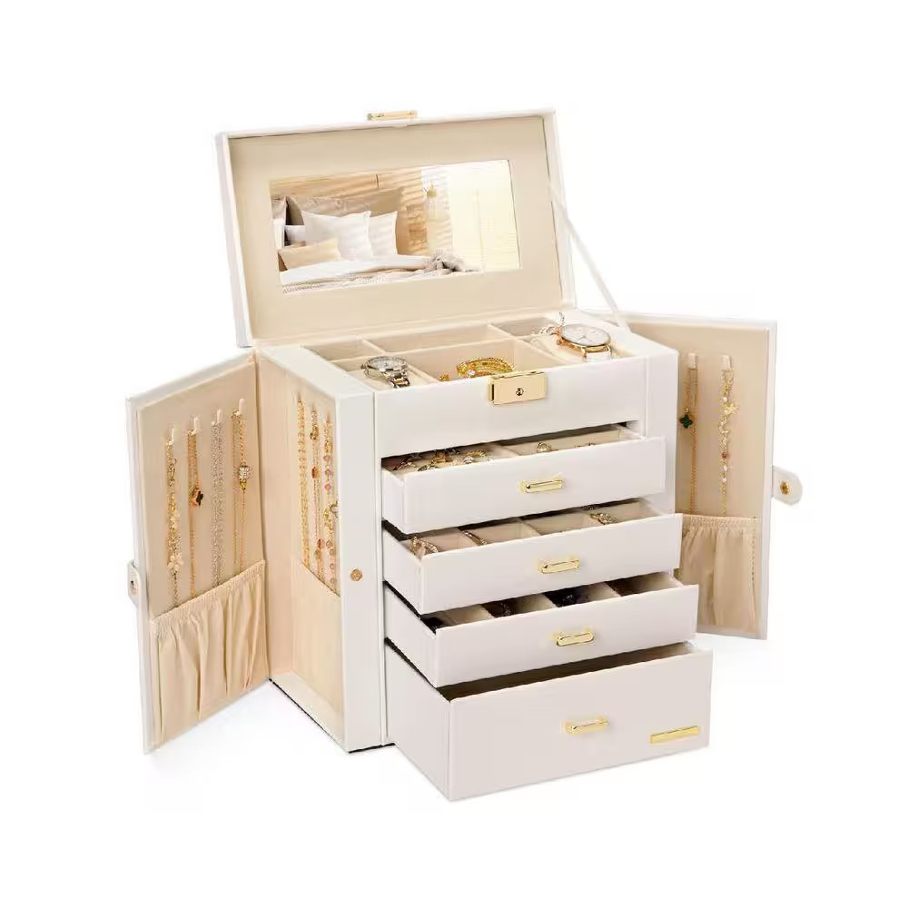 6 In. D X 10 In. W X 11 In. H White and Gold Rectangular Leather Jewelry Box