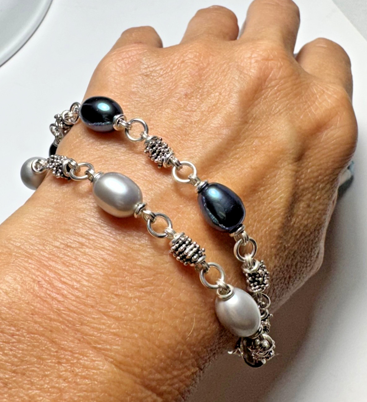 Michael Dawkins Sterling Silver 925 Gray Black Pearl Double-Strand Bracelet 7.5