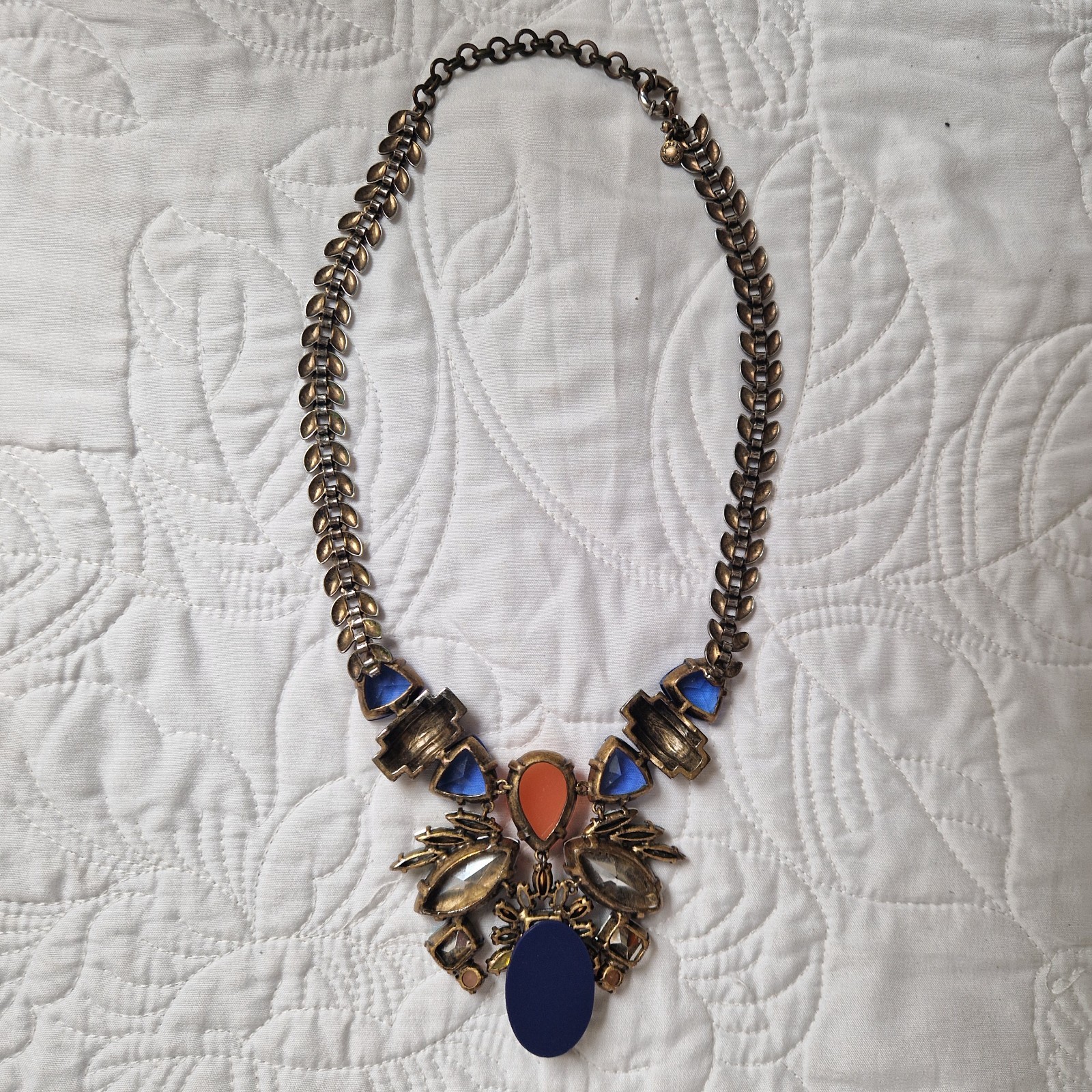J.Crew Peach, Brown, and Royal Blue Jewel Rhinestone Statement Bib Necklace