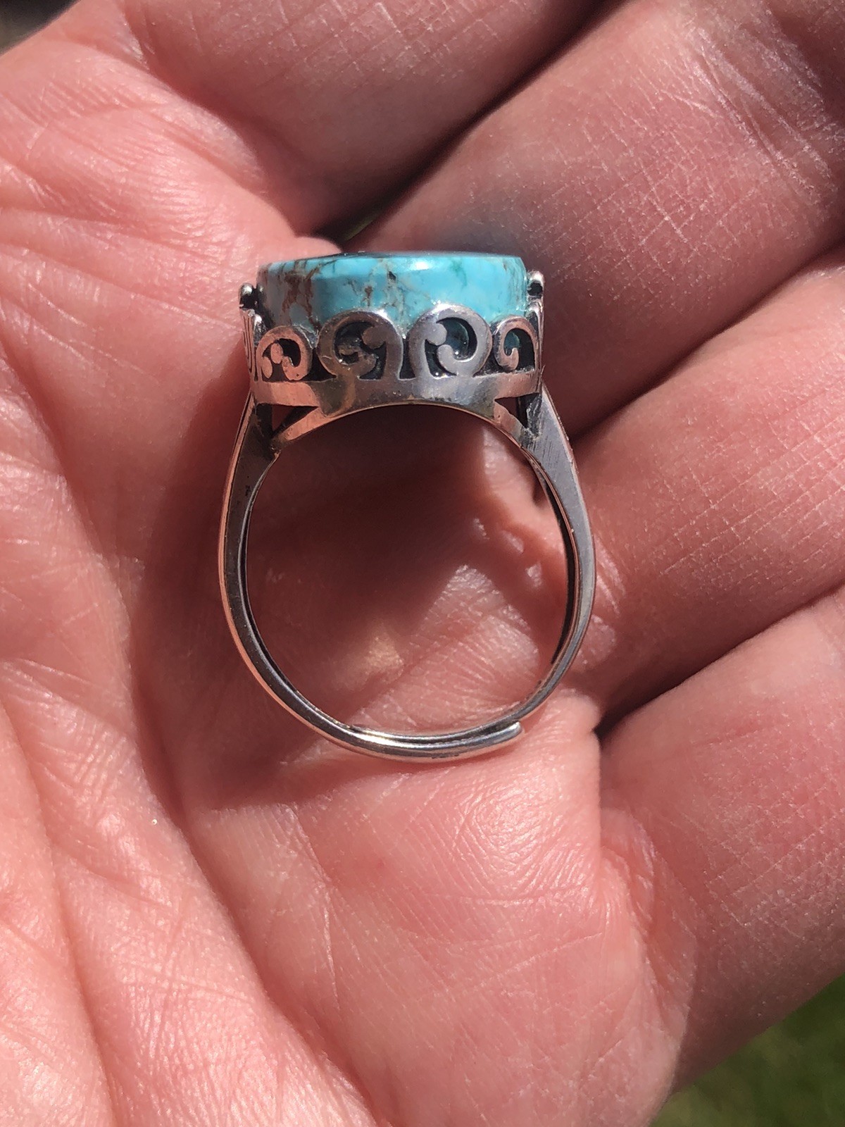 .925 Sterling Silver & Turquoise Handmade Ring 34 Carat GIE Cert. Adjustable