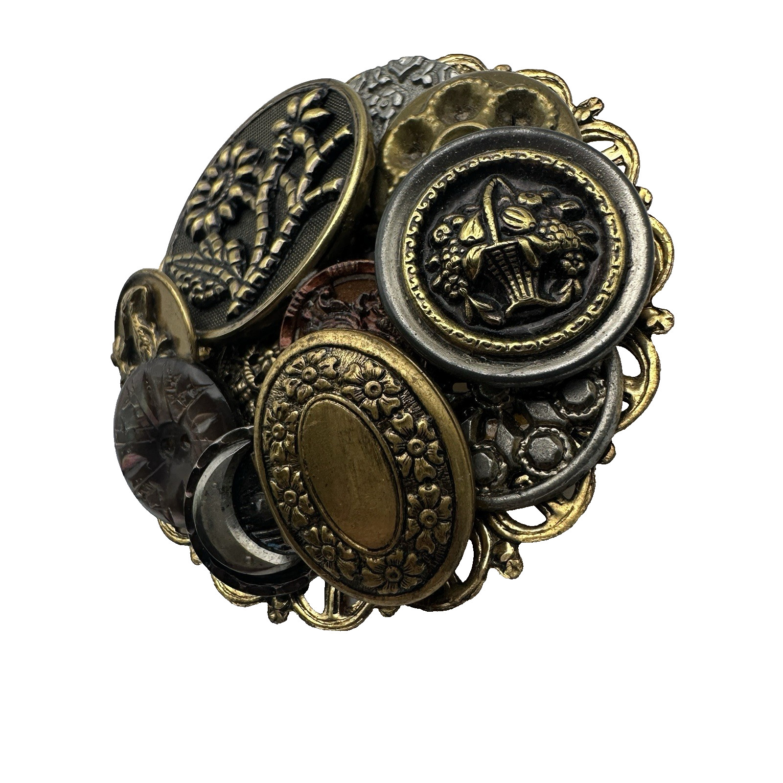 Victorian Steampunk Gothic Button Collage Assemblage Cluster Brooch Locket Pin