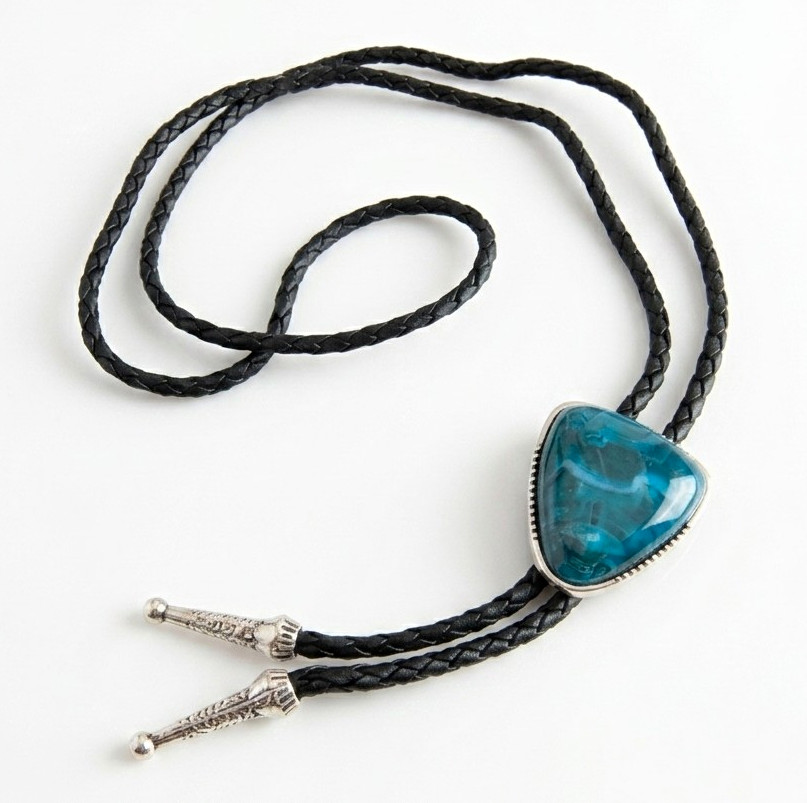 Men’s Western Adjustable Black Leather Bolo Tie Blue Triangle Slide