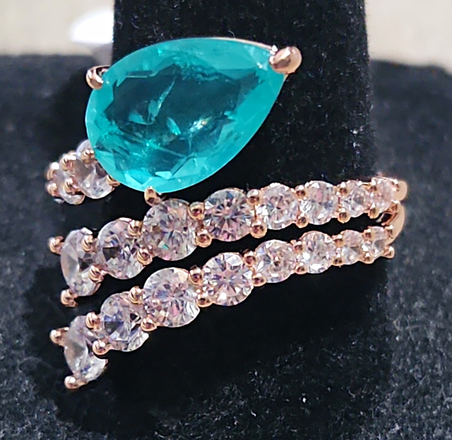 BP Sz 9 Rose Gold Plated Cocktail Wrap Band Pear Aqua Green Spinel & CZ Accents