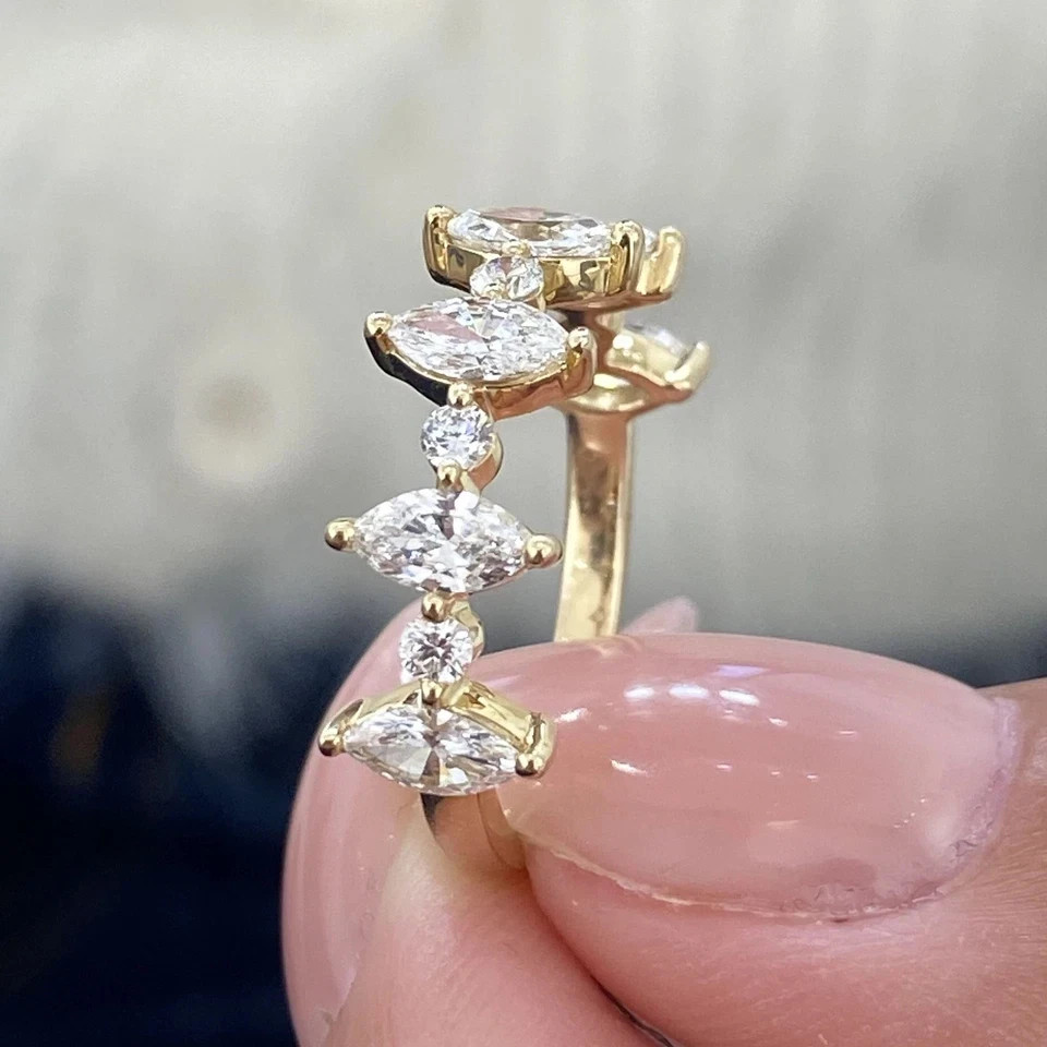 Round & Marquise Cut 0.75 Ct 14k Yellow Gold Diamond Band Lab Grown VVS E F CVD