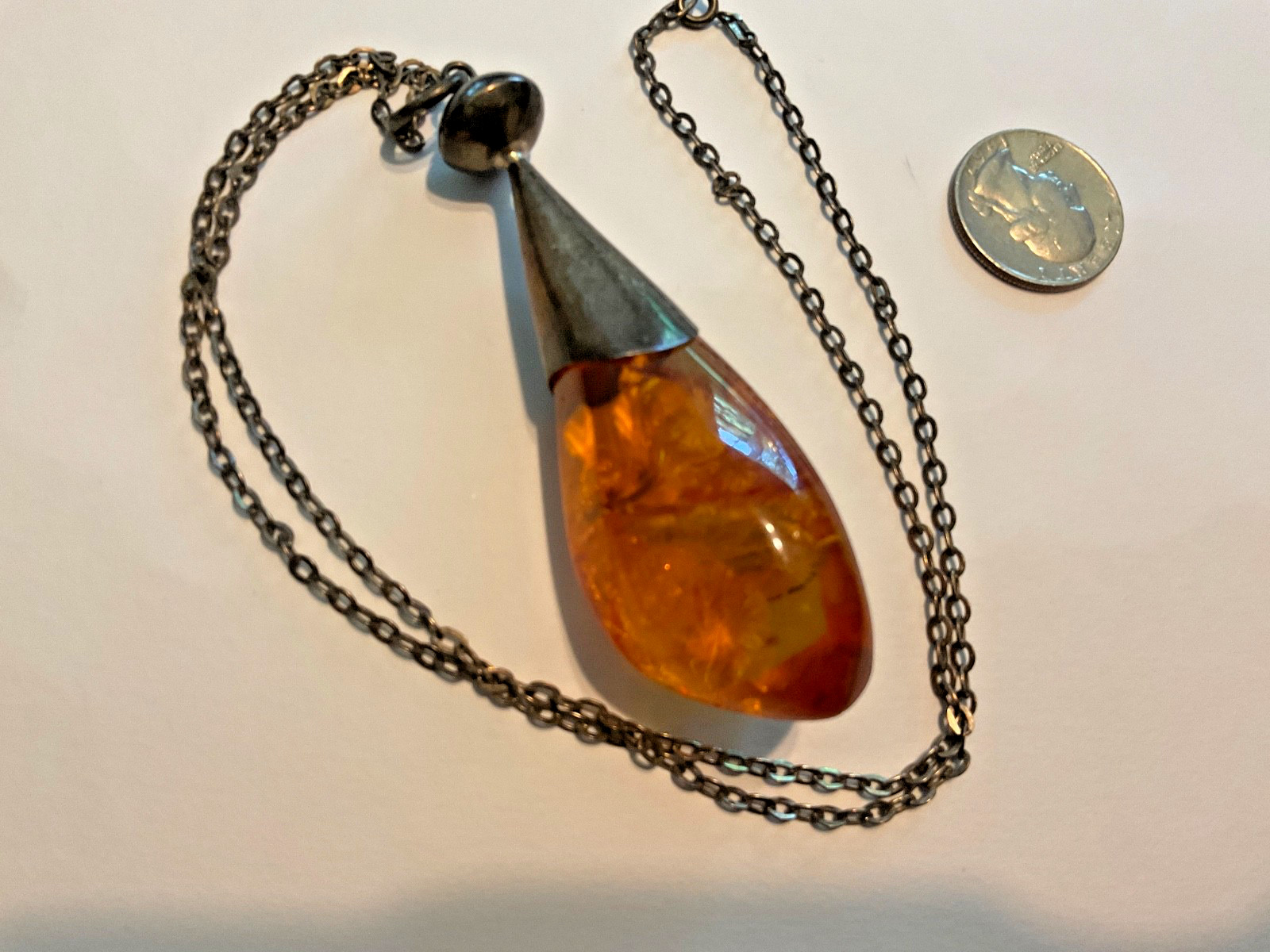Vintage Massive Baltic Amber Sterling Silver Pendant Drop Necklace 25″