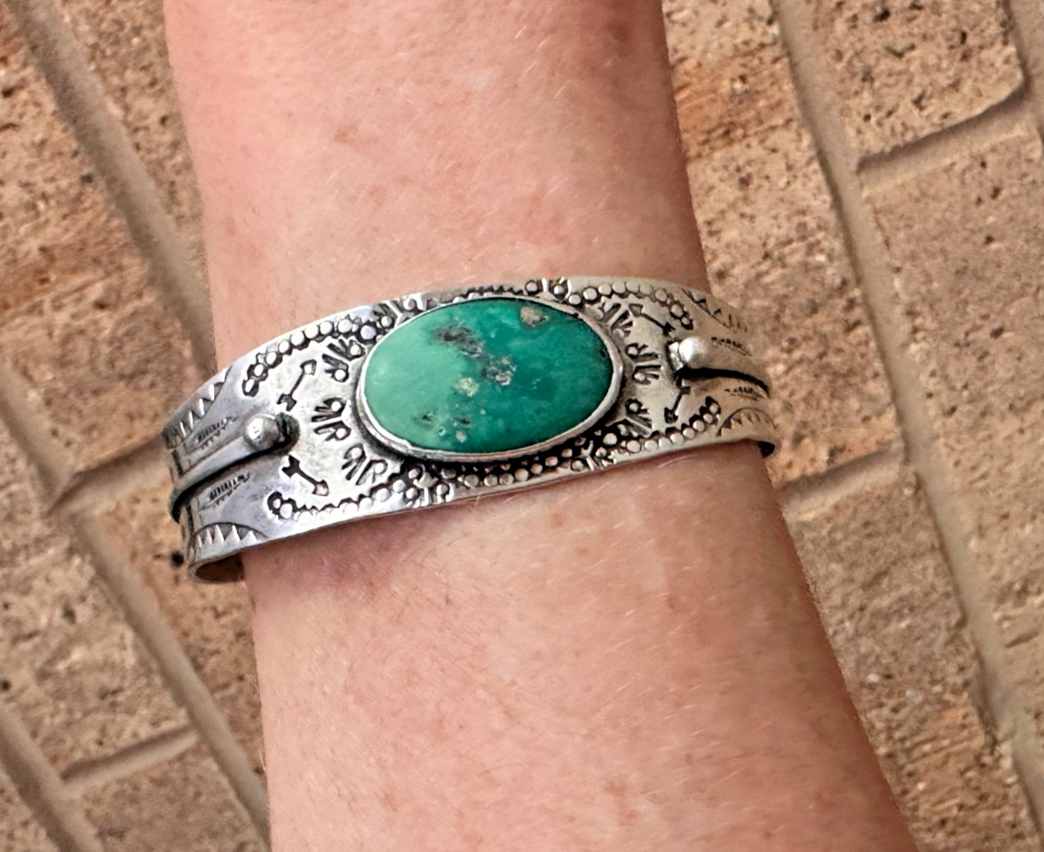 Fred Harvey Era Navajo Sterling Oval Turquoise Cab Stamped Cuff Bracelet 30s-40s